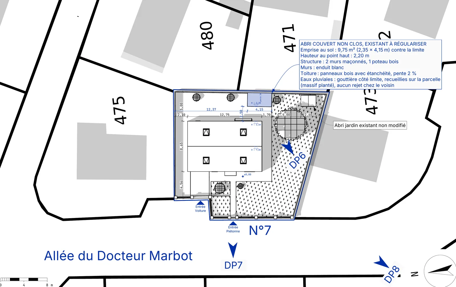 Plan de masse de la parcelle allée du Docteur Marbot à Arnouville, avec la maison, l'abri couvert de 9,75 m² contre la limite séparative et ses caractéristiques.