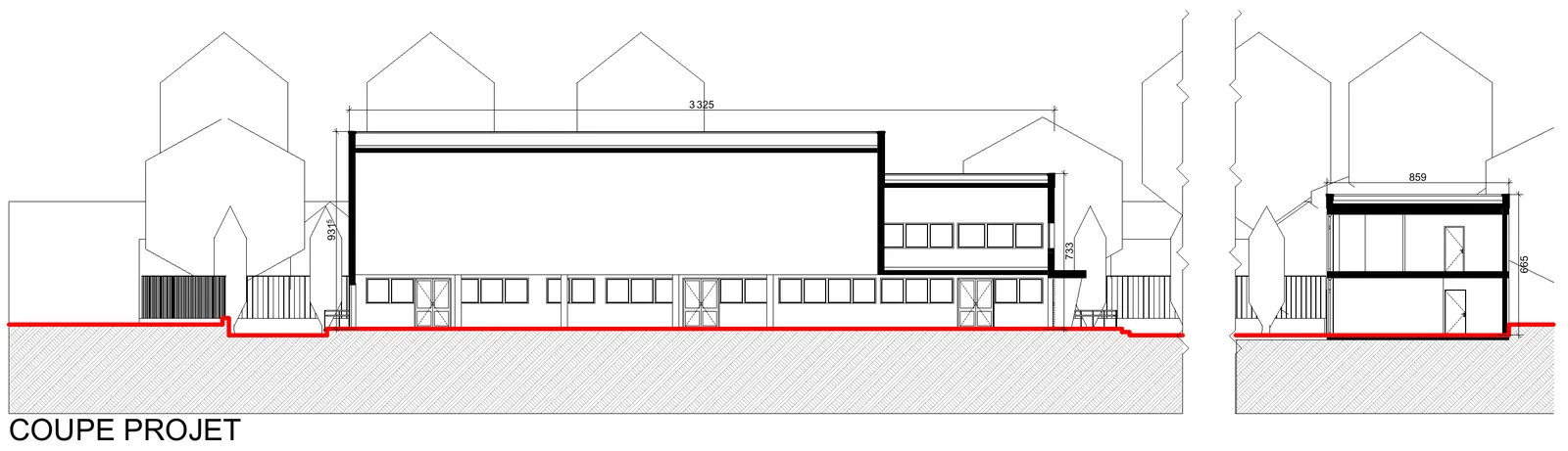 Coupe du projet montrant le bâtiment existant et, à droite, l'annexe neuve sur deux niveaux.