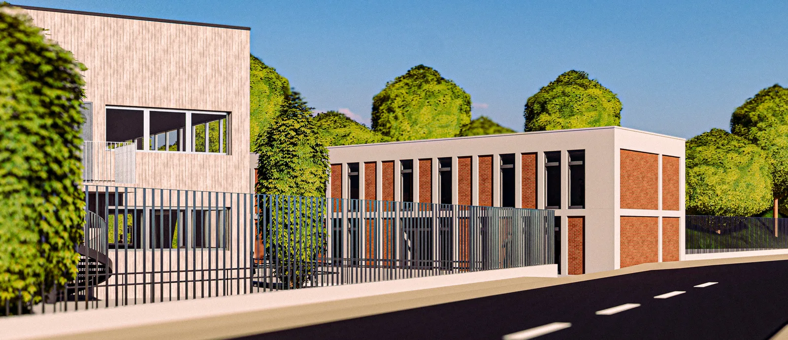Vue 3D depuis la rue montrant l'annexe en brique et enduit clair derrière une clôture à barreaudage, à côté du bâtiment existant.
