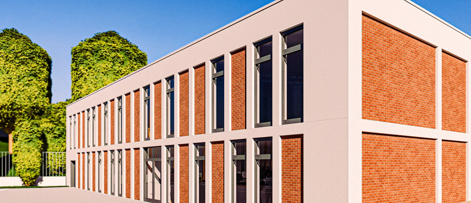 Vue 3D d'un bâtiment de deux niveaux à façade blanche rythmée de panneaux de brique et de hautes fenêtres.