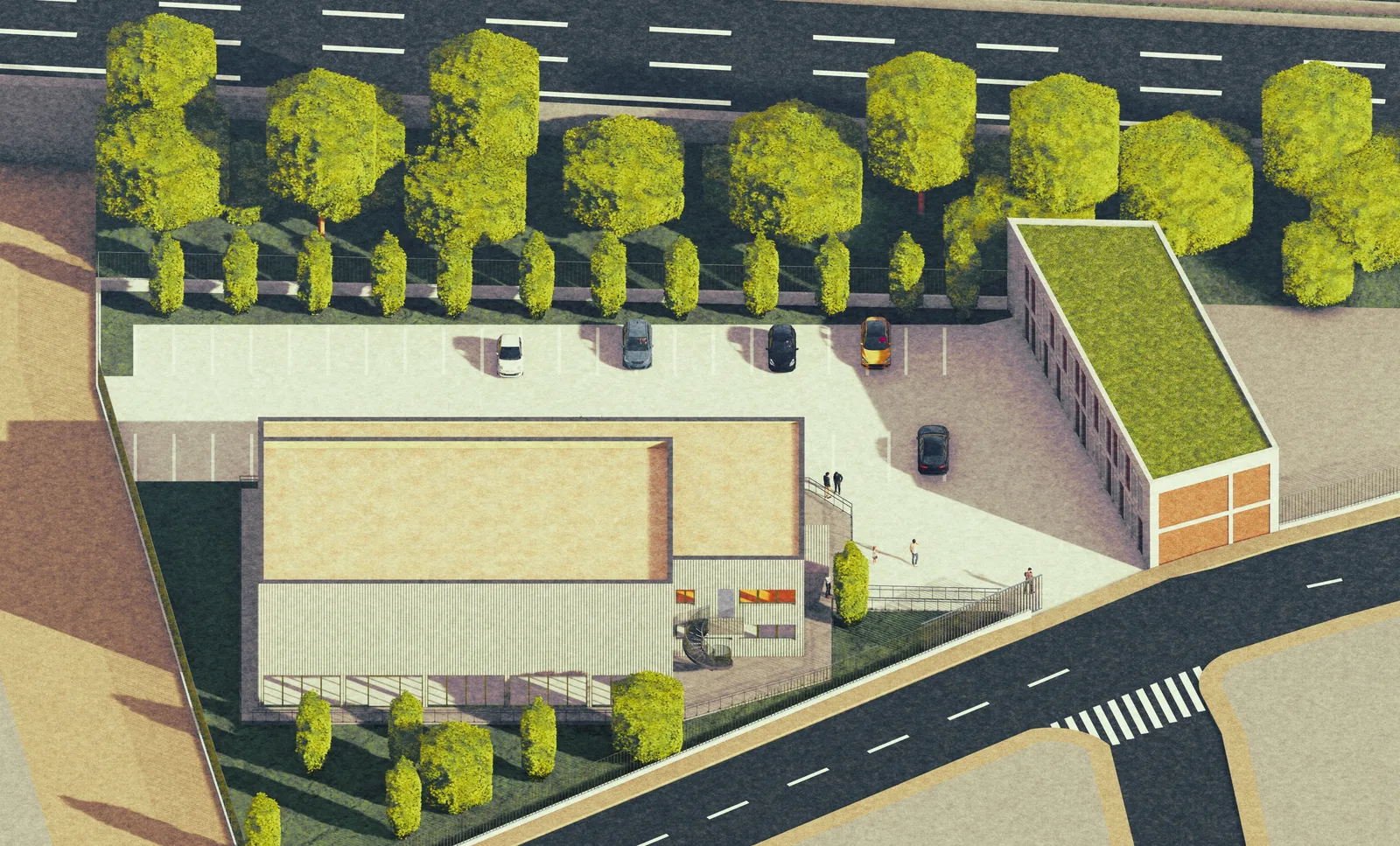 Vue aérienne 3D de la parcelle triangulaire avec le bâtiment existant, le parking et l'annexe neuve à toiture végétalisée le long de la rue.
