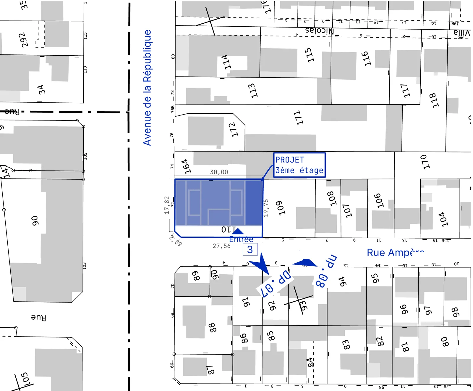 Plan masse cadastral situant l'immeuble rue Ampère, à l'angle de l'avenue de la République, avec le plateau du troisième étage mis en évidence.