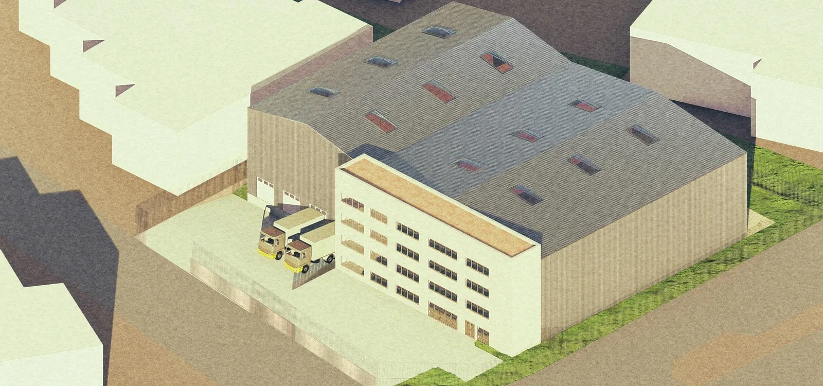 Vue 3D en surplomb d'un entrepôt à double toiture en bardage métallique, accolé à un bloc de bureaux de quatre niveaux, avec deux camions à quai.