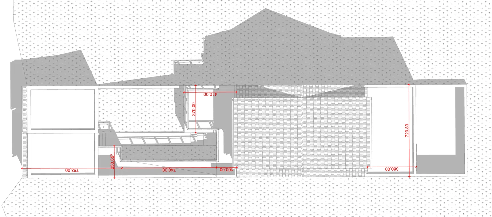 Plan de masse du pavillon et des constructions voisines, avec les cotes de l'extension en rouge.