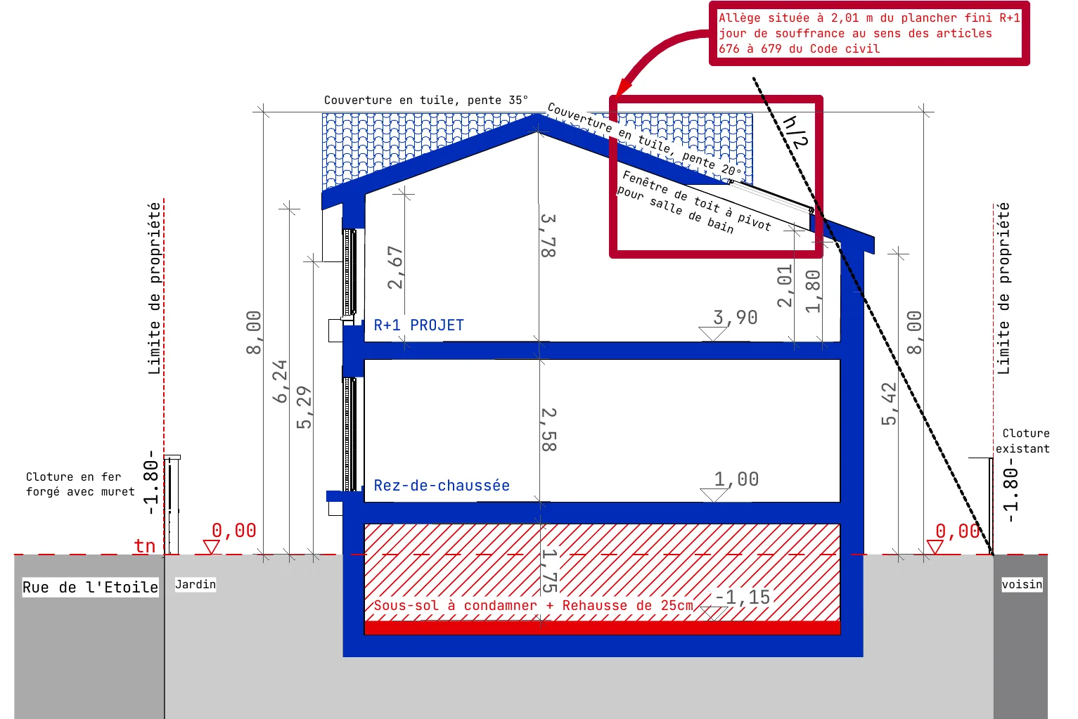 Coupe sur la maison montrant le nouveau niveau R+1 sous toiture, le rez-de-chaussée et le sous-sol condamné avec rehausse de 25 cm.