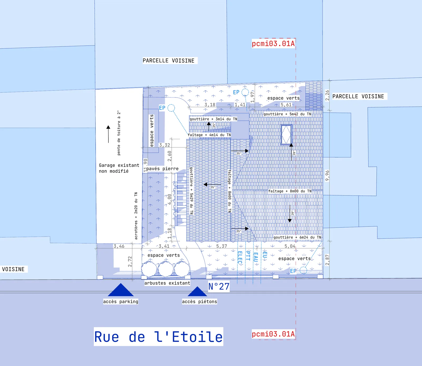 Plan masse de la parcelle au 27 rue de l'Étoile, avec la toiture projetée, les espaces verts, le garage existant et les accès depuis la rue.