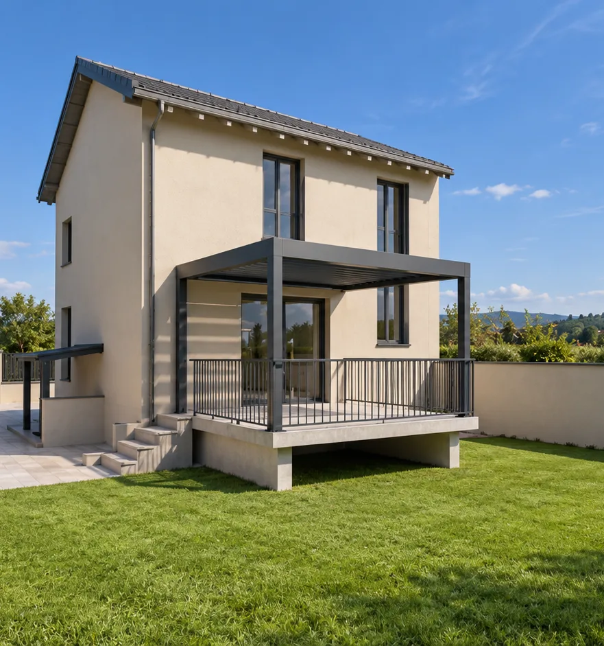 Vue du jardin : la terrasse couverte de sa pergola, contre la façade arrière.