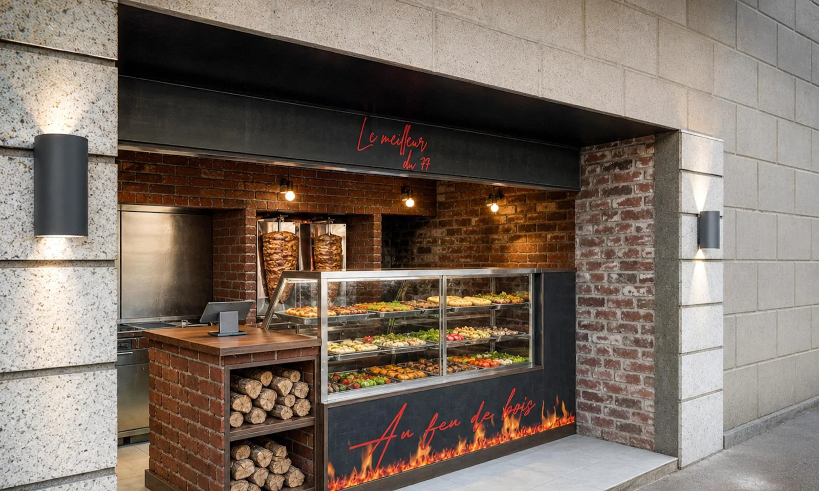 Image de projet : la façade ouverte, le comptoir vitré et les bûches du four à bois.