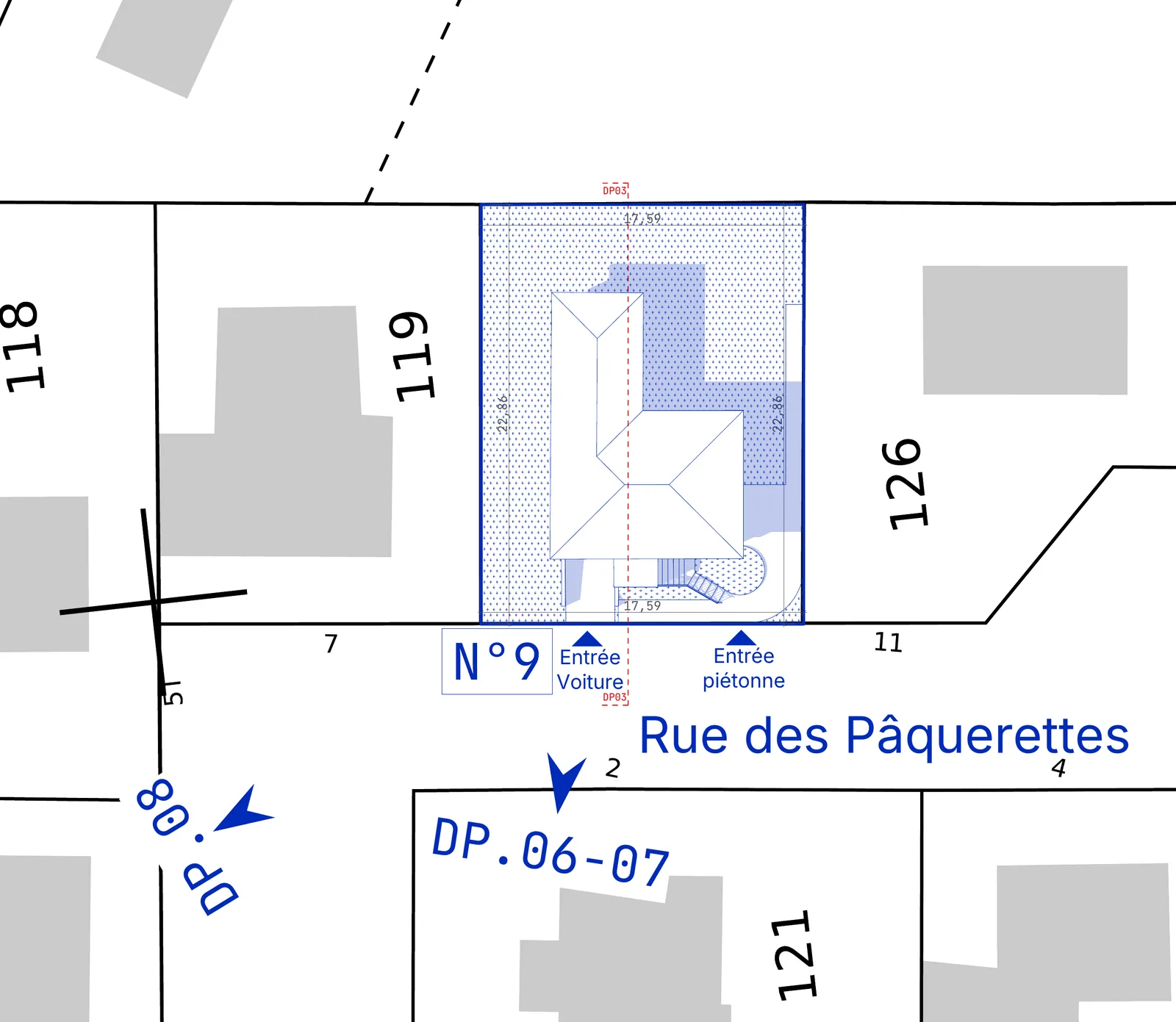 Plan de masse de la parcelle rue des Pâquerettes à Gonesse, avec la maison, l'emprise de la véranda d'entrée et les accès voiture et piéton depuis la rue.